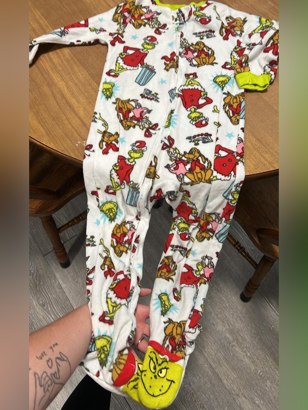 Kids Holiday Grinch Footed One-Piece Pajamas - White with Red & Yellow